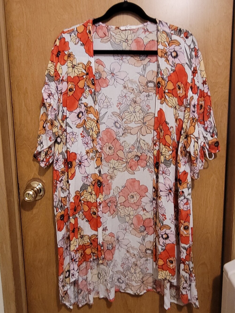 Maurices Floral Open-Front Kimono in Coral and Cream